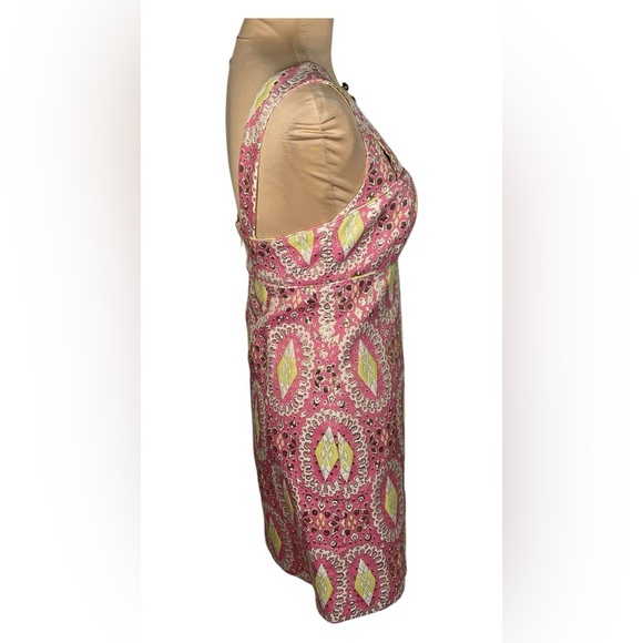 Milly of New York Pink Green Gold Brocade Lurex Sparkle Sheath Midi Dress Sz 2 - Picture 3 of 7